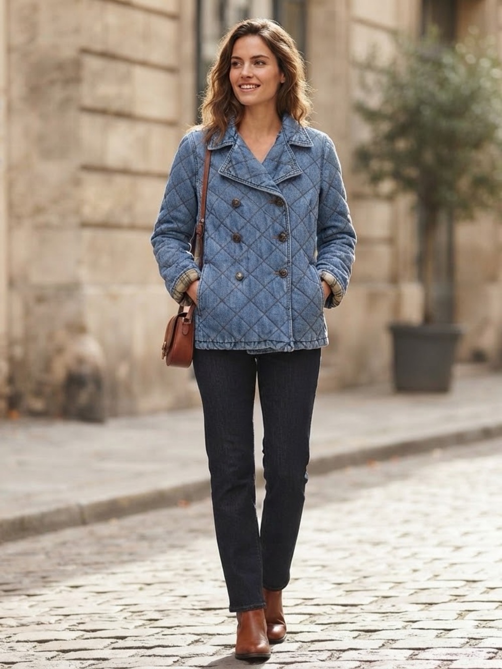 Lauren Ralph Lauren Jeans Co Quilted Denim Peacoat Jacket Blue Plaid Lining Sz S